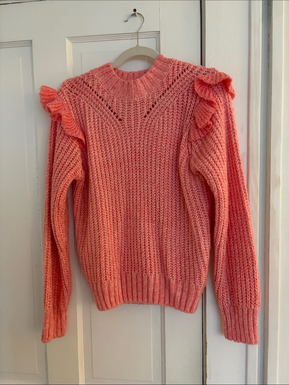 Greylin Coral Crochet Ruffle-Shoulder Crew Sweater